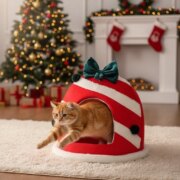 Cozy Box Pet House: Warm Plush Nest for Cats & Small Dogs - action - Candy Stripe