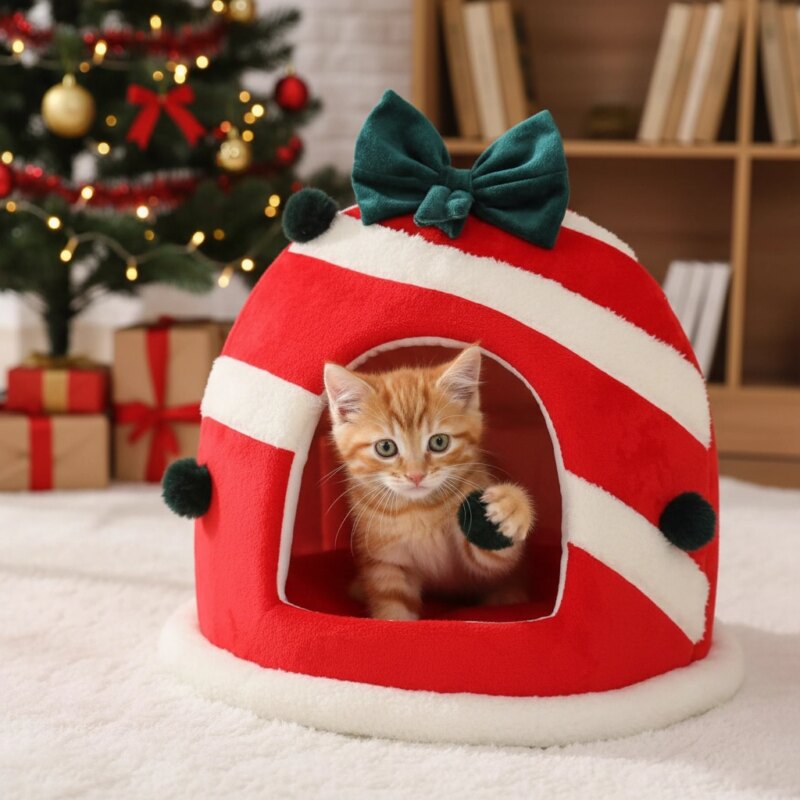 Cozy Box Pet House: Warm Plush Nest for Cats & Small Dogs - feature - Candy Stripe