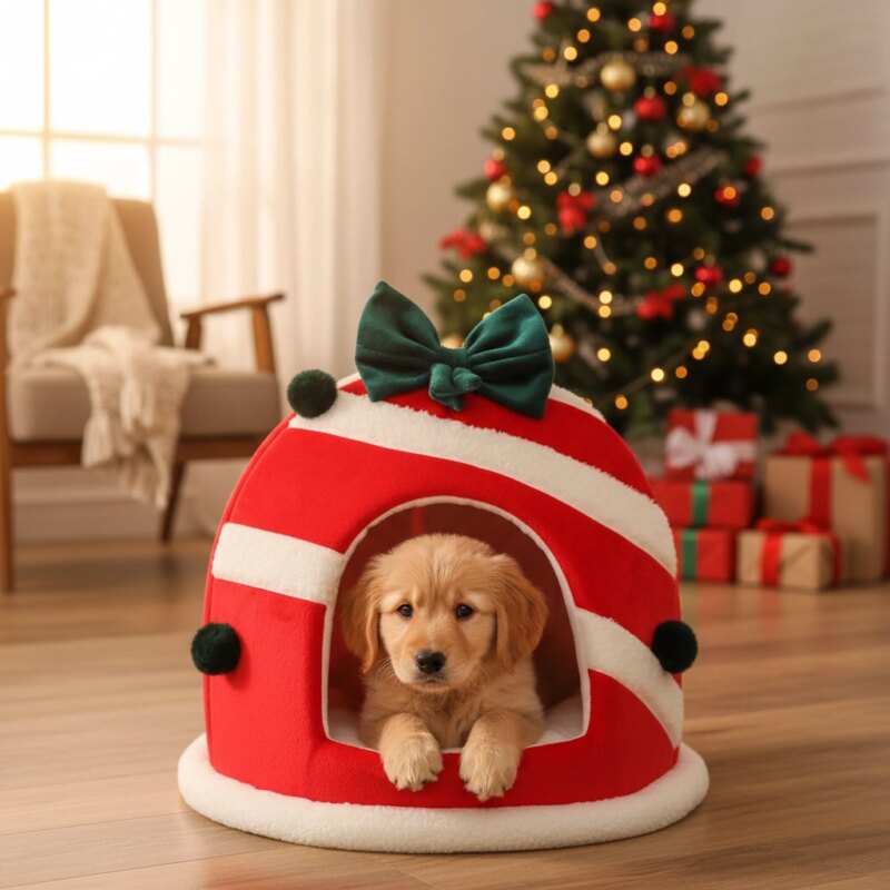 Cozy Box Pet House: Warm Plush Nest for Cats & Small Dogs - main - Candy Stripe